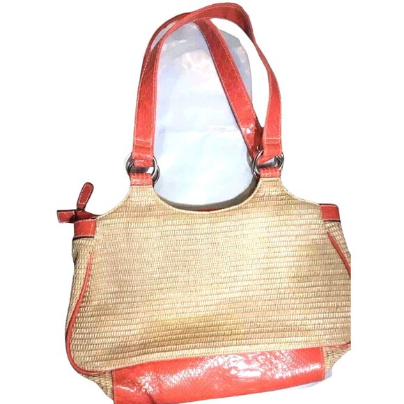 Beach Bag/Tote Bag Faux Leather Unbranded Tan Straw Pattern W/Orange. 14”X8”X”4 - Picture 1 of 5